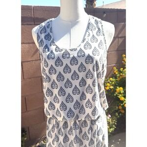 Magic Women's Boho Maxi Dress Silk Soie Navy Blue & White Sleeveless Blouson Lrg